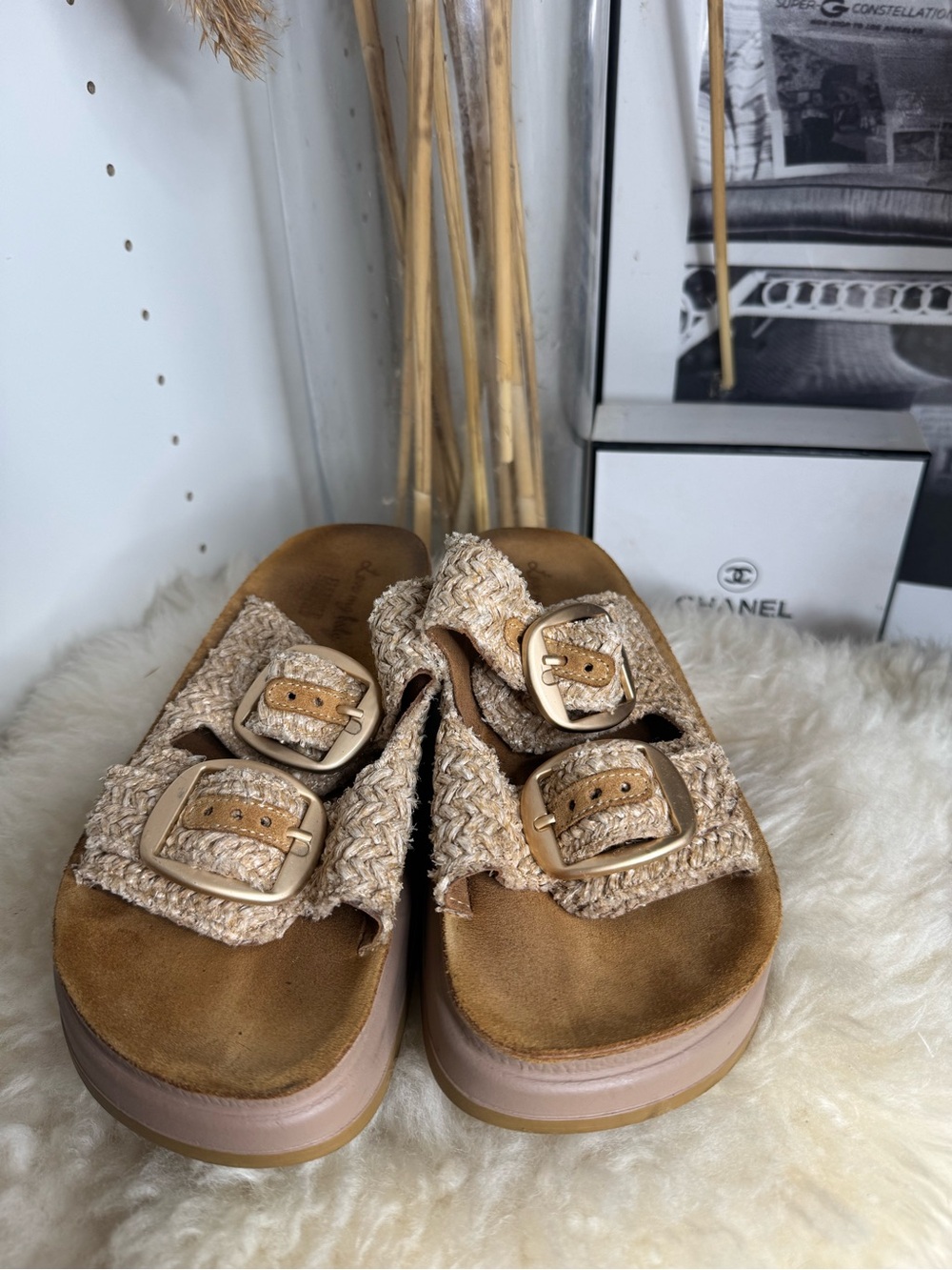 Women’s Beige Braided Buckle Slide Sandals